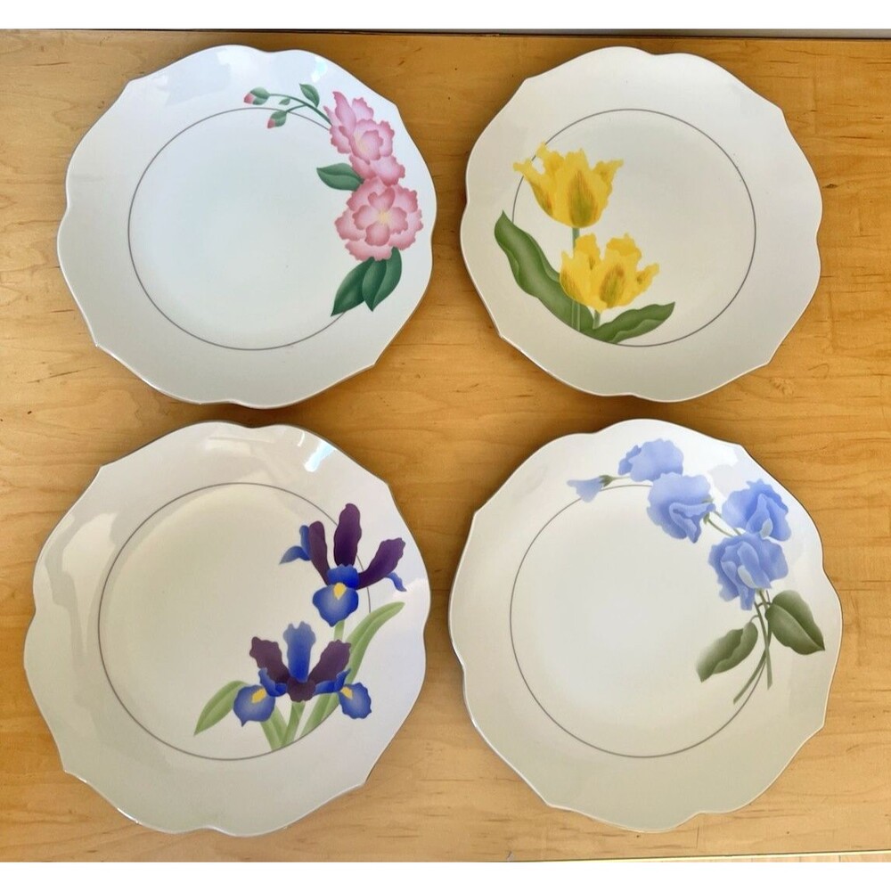 Vtg Japan Arita Impressions ART40 Dinner Plates 10.5" Set of 4 Scalloped Floral